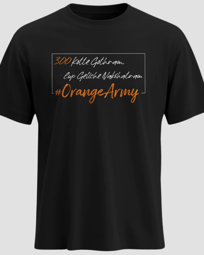 300 Kotte Gothram Orange Army black T-shirt Telugu SRH fan slogan premium cotton regular fit front view