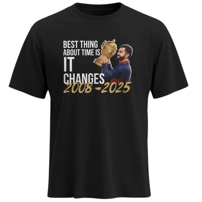 RCB Time Changes 2008-2025 black T-shirt Virat Kohli trophy graphic premium cotton regular fit front view IPL fan merchandise