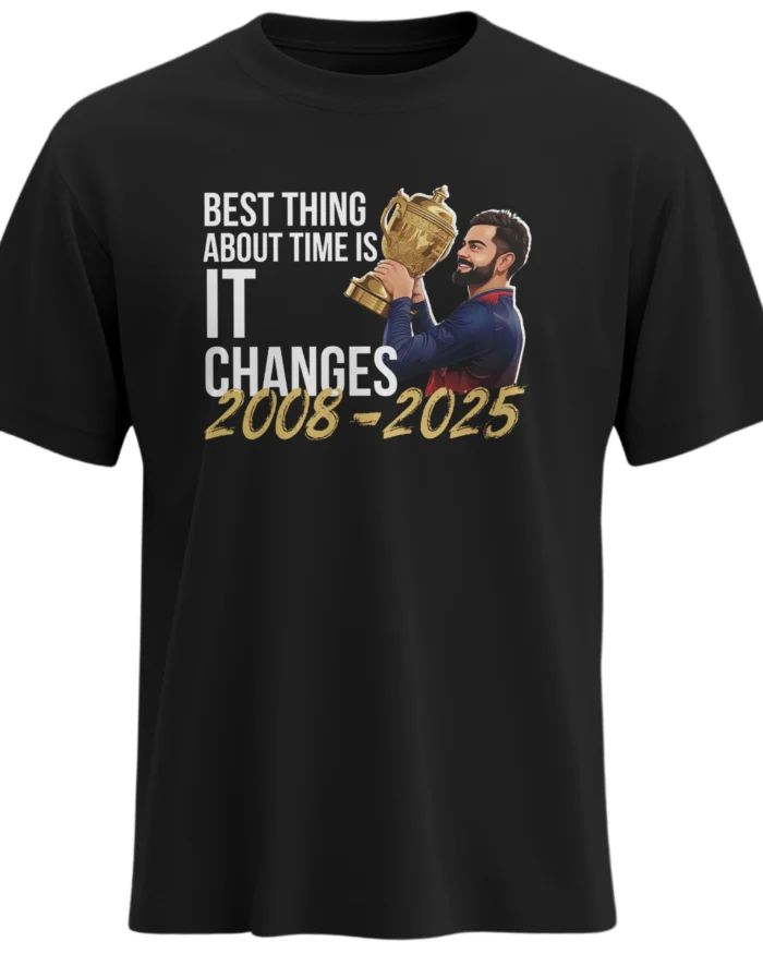 RCB Time Changes 2008-2025 black T-shirt Virat Kohli trophy graphic premium cotton regular fit front view IPL fan merchandise