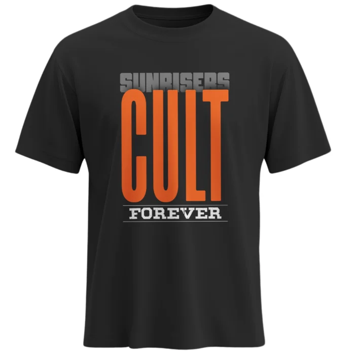 Sunrisers Cult Forever black T-shirt orange bold typography SRH fan merchandise front view premium cotton regular fit