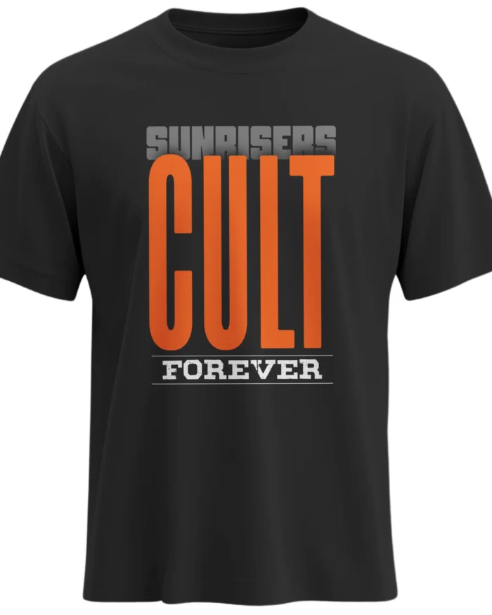 Sunrisers Cult Forever black T-shirt orange bold typography SRH fan merchandise front view premium cotton regular fit