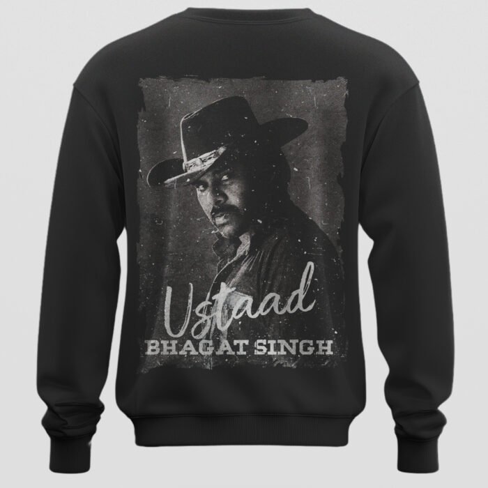 Ustaad Bhagat Singh Vintage Graphic Black 300 GSM Cotton Sweatshirt Back Design