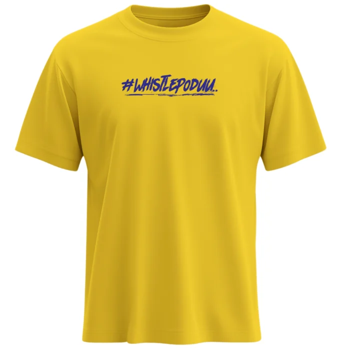Whistle Podu Yellow T-shirt Blue typography Chennai Super Kings fan merchandise premium cotton regular fit front view