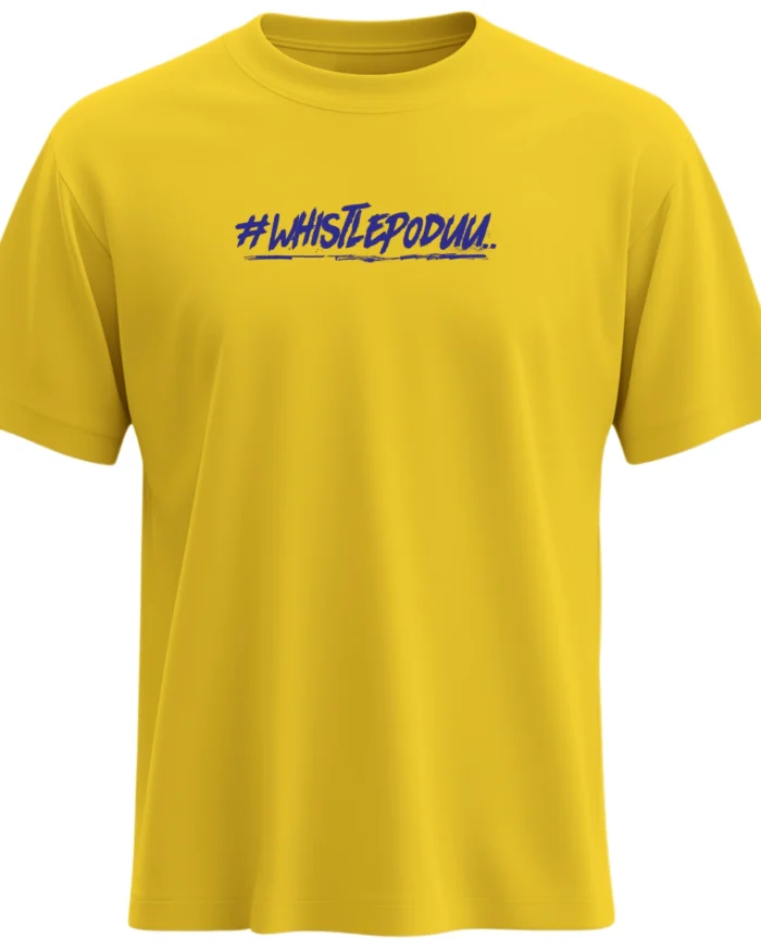 Whistle Podu Yellow T-shirt Blue typography Chennai Super Kings fan merchandise premium cotton regular fit front view