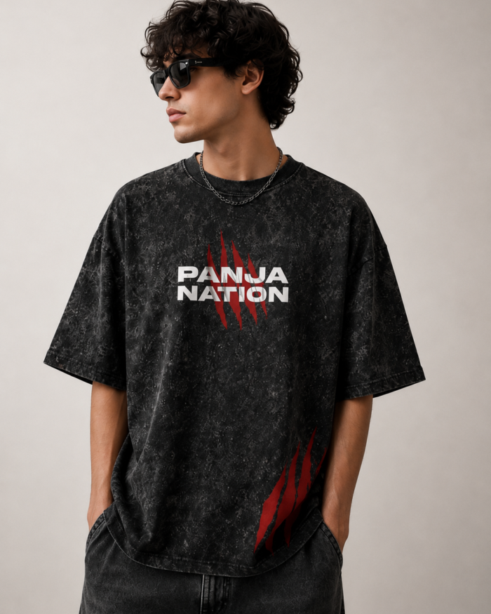 Black Acid Wash Kloch Panjaa graphic oversized fit T-shirt with distressed claw print