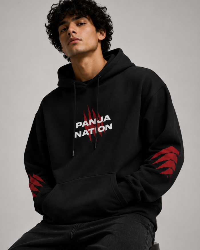 Black Kloch Panja Nation graphic hoodie with red claw sleeve prints